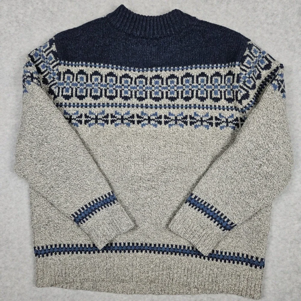 LL Bean (Men's XXL) Gray Blue Knit Sweater Fair Isle Lambswool Nordic Pullover